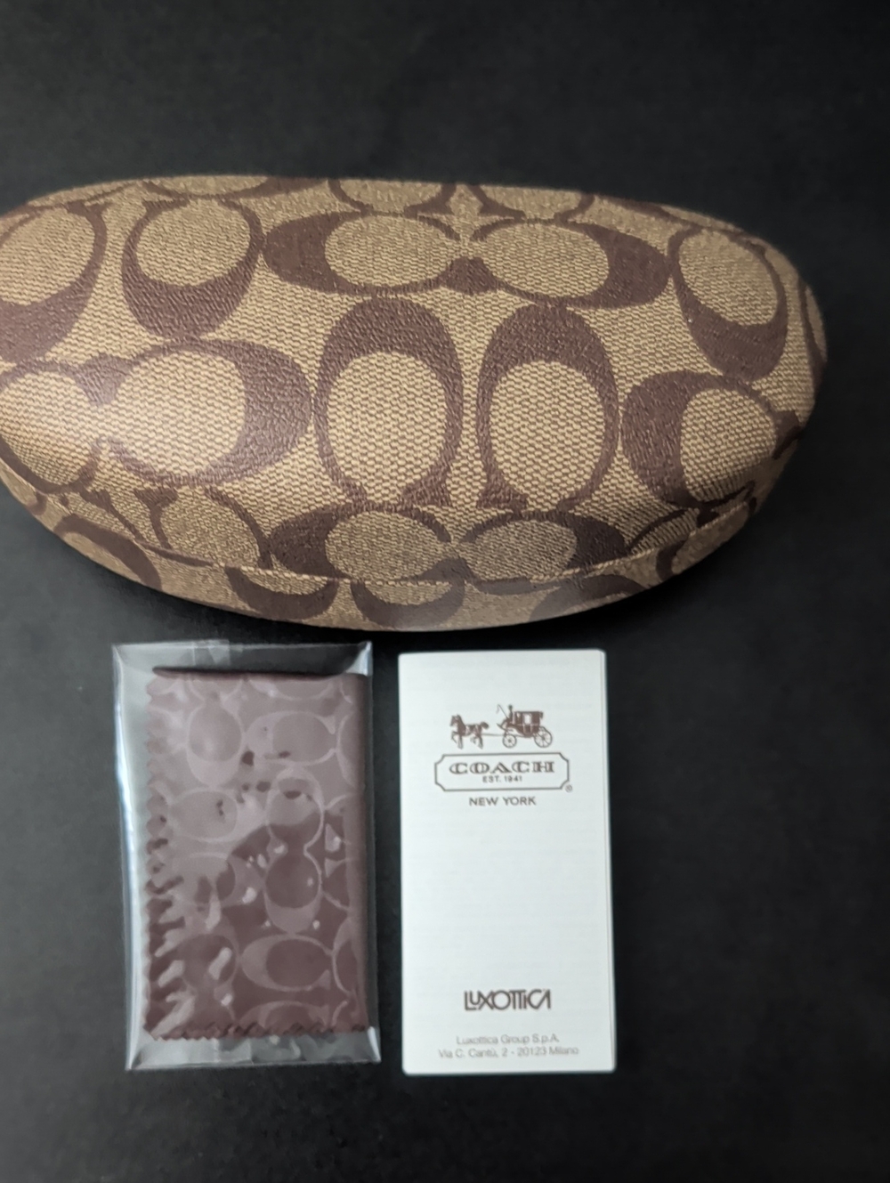 Coach Brown Signature Pattern Large Eyewear Case with Cloth and Box